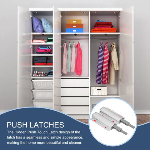 Open wardrobe with visible clothes and storage, featuring inset of Magnetic Push Latches 4 Pack Double Push To Open Hidden Cabinet Touch Latches for Cabinets Drawers Kitchen and Wardrobe Doors Silver Finish No Hassle Great For Home Organization Easy Install Reliable Magnetic Release Keeps Doors Secure and Quiet.