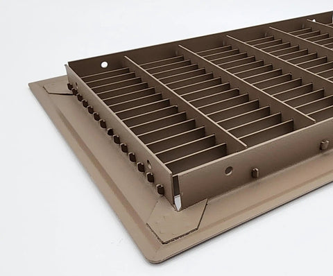 Corner view of the Beefy Heavy Duty Floor Return Air Grille 12 x 30 In Built to Last, Inset Mount Vent Cover for Duct Openings.