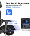 Seat depth adjustment feature on ergonomic office chair with footrest, showing 60mm range, for ergonomic office chair with footrest for long hours
