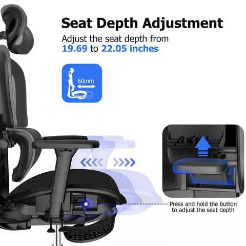 Seat depth adjustment feature on ergonomic office chair with footrest, showing 60mm range, for ergonomic office chair with footrest for long hours