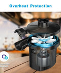 Portable Handy Quick Fill Air Pump For Inflatables with automatic shutoff feature on a wooden table, focus on fan mechanism.
