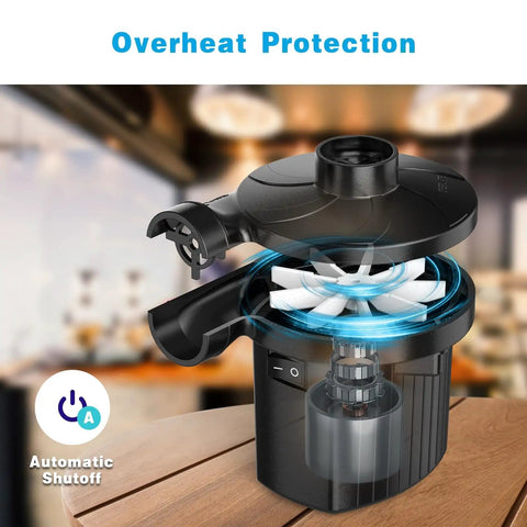 Portable Handy Quick Fill Air Pump For Inflatables with automatic shutoff feature on a wooden table, focus on fan mechanism.