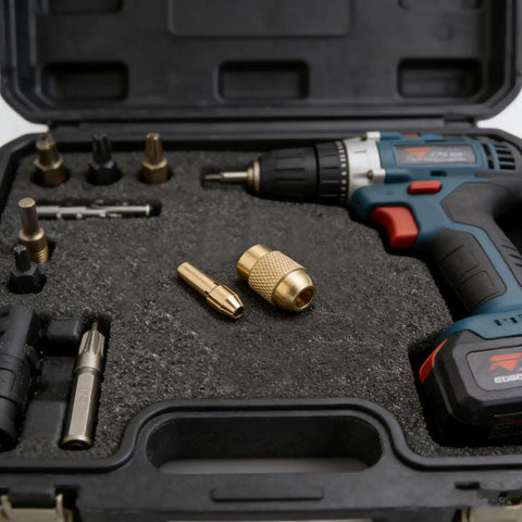 Precision Gold Drill Chuck Collet Adapter For Rotary Tool With Firm Grip For Secure Bit Setting Reduces Vibration And Boosts Accuracy, gold adapters and a drill.