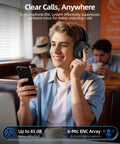 Person wearing Hybrid Active Noise Canceling Wireless Headphones With 120-Hour Battery Life Bluetooth 6.0 Over-Ear Headphones, ENC HD Mic for calls, in cafe.