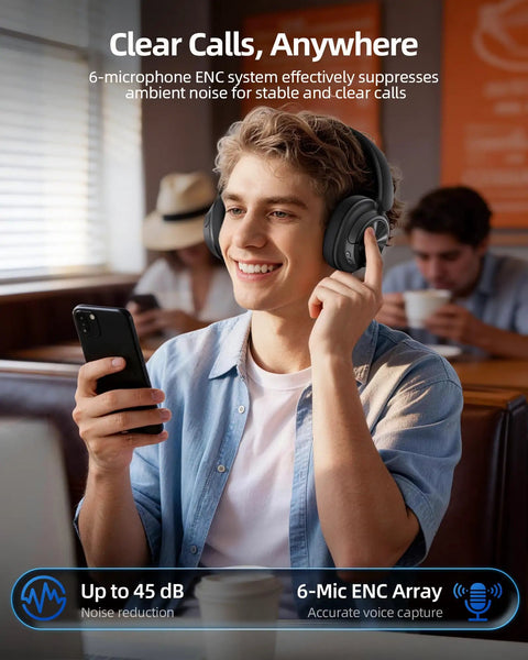 Person wearing Hybrid Active Noise Canceling Wireless Headphones With 120-Hour Battery Life Bluetooth 6.0 Over-Ear Headphones, ENC HD Mic for calls, in cafe.