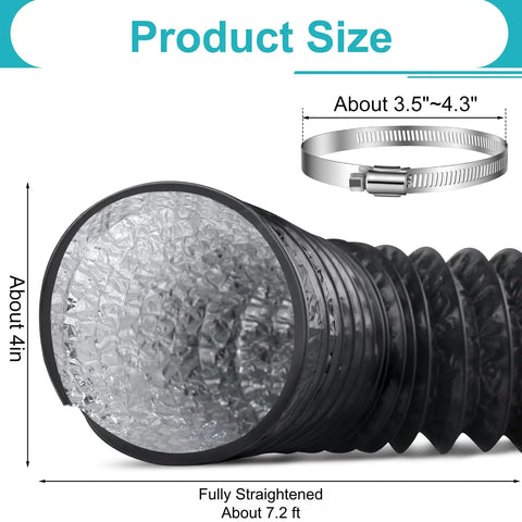 4 Inch By 7.2 Ft Dryer Vent Hose Flexible Aluminum Duct With PVC Aluminum Foil Multi Layer Air Ducting and clamp