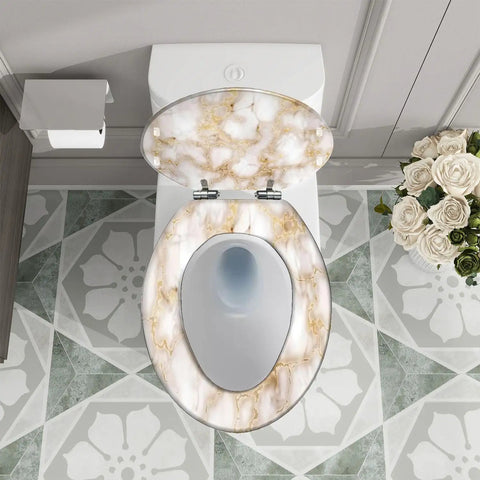 Elongated Toilet Seat Resin for Bathroom with marble design, measuring 14.5 x 18.5 inches, installed on a toilet.