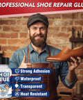 Shoemaker holding leather shoe and Clear Shoe Repair Glue 30ml Waterproof Adhesive for Boots Sneakers Heels Hiking Shoes and Leather