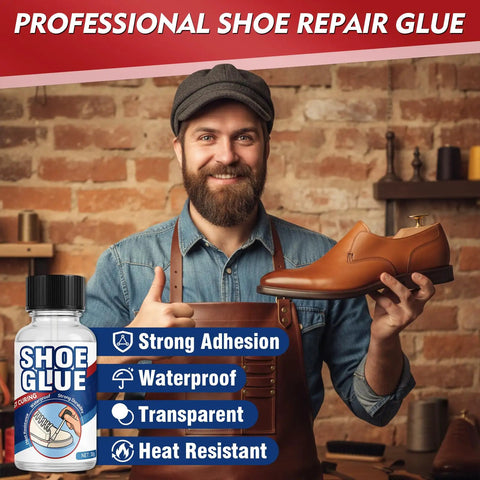 Shoemaker holding leather shoe and Clear Shoe Repair Glue 30ml Waterproof Adhesive for Boots Sneakers Heels Hiking Shoes and Leather