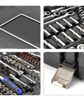 Pro Grade Ultimate Mechanic Tool Set 151 Pieces with 1/2 1/4 3/8 drive sizes in open case showing various tools