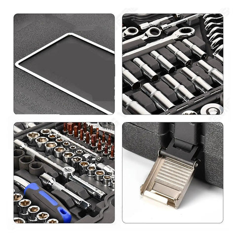 Pro Grade Ultimate Mechanic Tool Set 151 Pieces with 1/2 1/4 3/8 drive sizes in open case showing various tools