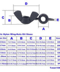 Metric Black Nylon Butterfly Wing Nuts Assortment Kit features sizes M3 to M12 with detailed measurement chart and dimensions.