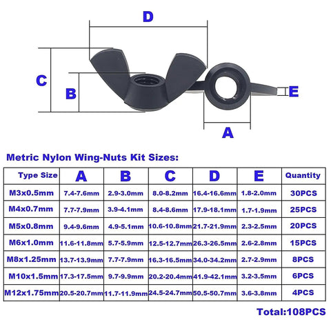 Metric Black Nylon Butterfly Wing Nuts Assortment Kit features sizes M3 to M12 with detailed measurement chart and dimensions.
