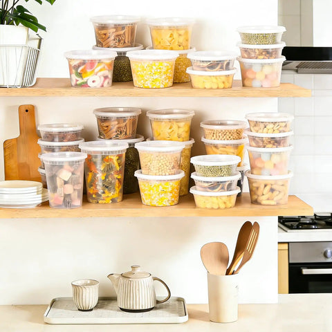 60 Count Deli Containers With Lids For Grab And Go Meals, 32 Oz 16 Oz 8 Oz Sets, stacked on kitchen shelves with various foods