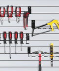 8 Pcs Slatwall Tool Organizer Racks Kit With Stainless Steel Multi Ring Holders for screwdrivers and pliers on slatwall.