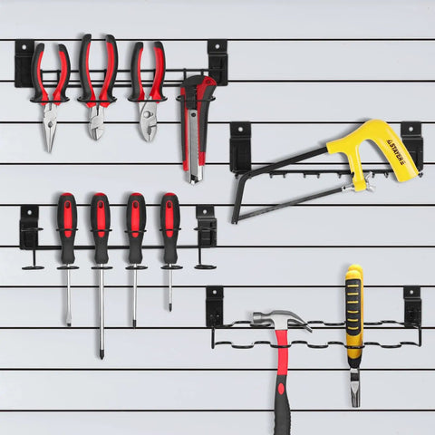 8 Pcs Slatwall Tool Organizer Racks Kit With Stainless Steel Multi Ring Holders for screwdrivers and pliers on slatwall.
