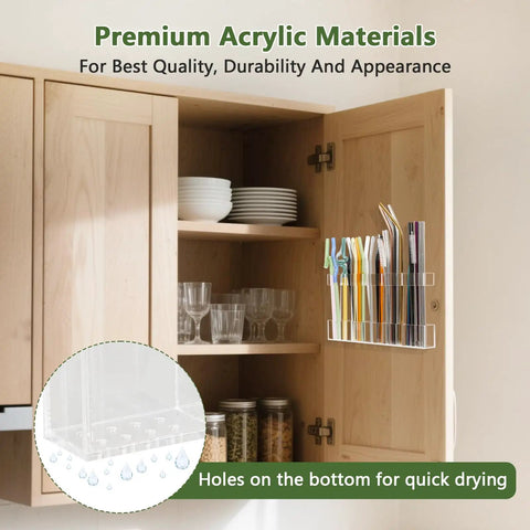 Premium Acrylic Straw Holder For Cabinet Door Split Design Hella Spacious Tumbler Organizer With Adjustable Height And Ultra Sticky Backing for storing straws, featuring drain holes in a stylish cabinet setting.