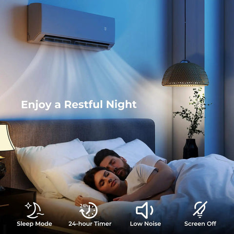 Top Shelf 30000 BTU Three Zone Ductless Mini Split Air Conditioner And Heat Pump With Advanced Inverter Technology 23 SEER2 Rating cooling a bedroom at night.
