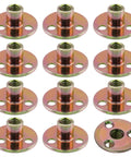 Built Tight 1/4 Inch Round Base T Nuts With Screws Heavy Duty Steel Brad Hole Hardware For Wood Furniture And DIY Work No Sweat Install Knockout Quality Real Deal 12 Piece Kit set of 12 steel round base T nuts with internal threads.