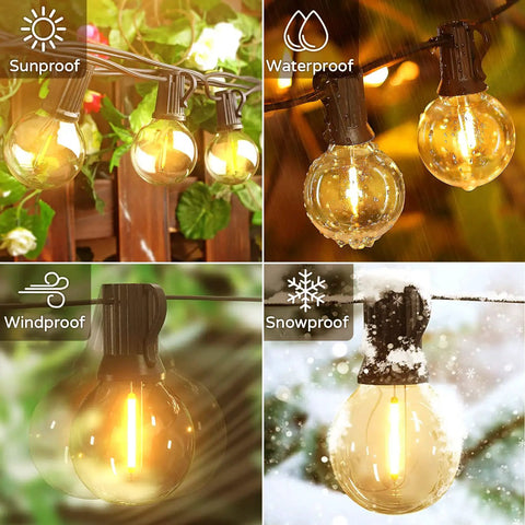 Outdoor String Lights 55 Ft Shatterproof LED Patio Lights With 26 Dimmable G40 Bulbs 2200K Waterproof IP65 on porch in elements