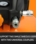 Built Like A Bulldog Six Gallon Pancake Air Compressor With Dual Quick Connect Couplers showing dual couplers for simultaneous use.