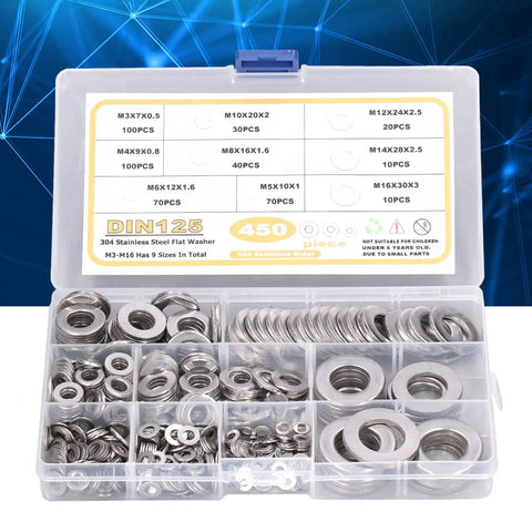 450Pcs Flat Washer Assortment Kit 304 Stainless Steel Washers M3 Through M16 in One Handy Set, organized box display