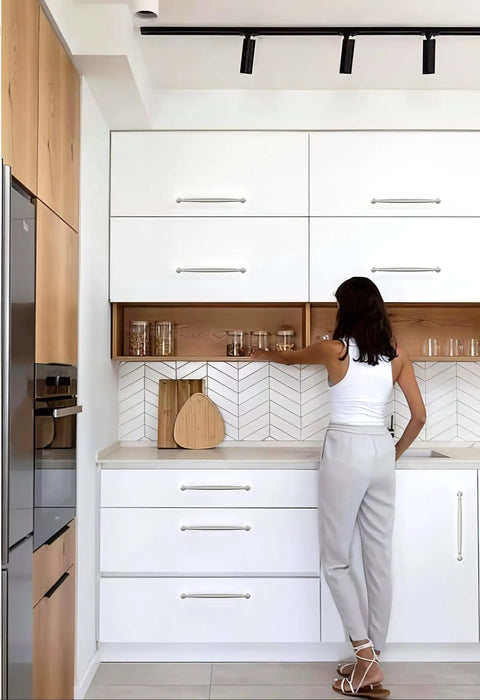 Modern kitchen with 10 Pack Brushed Satin Nickel Cabinet Pulls 7.5 Inch Kitchen Drawer Handles on white cabinets.