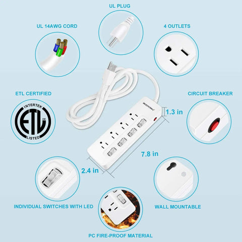 Diagram of Beefy 6 Foot Heavy Duty Extension Cord With Four Independent Switches For High Wattage Appliances 14 Gauge Surge Protector