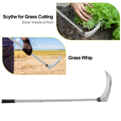 Long Handle Sickle Weeding Garden Tool For Grass Cutting And Vine Removal Heavy Duty Billhook Style Cutter in use and on display