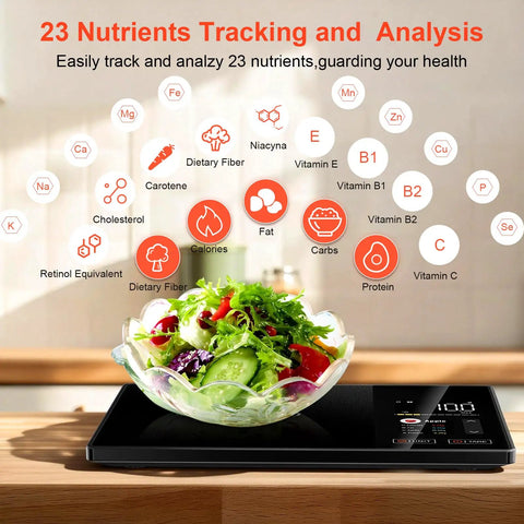 Kitchen Food Scale With Nutritional Calculator And Calorie Fat Carbs Protein Tracker, Free App, Barcode Scan, salad on scale