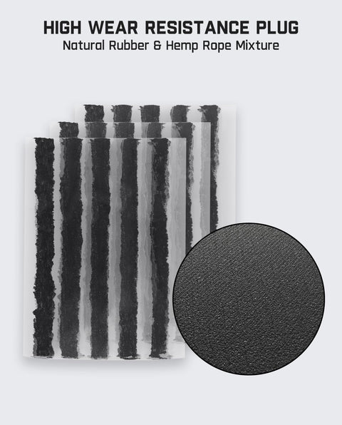 Heavy Duty Tire Repair Kit 24 Piece Universal Plug And Patch Set natural rubber plugs shown with detail.