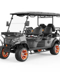 Battle Ready Six Seater Electric Shuttle Golf Cart Built Tough With A Rock Solid 48V 5Kw Motor Cruises At 25Mph Over 50 Miles features spacious seating and rugged wheels.