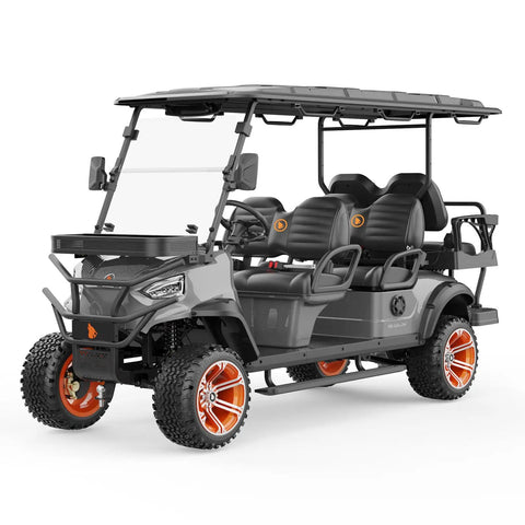Battle Ready Six Seater Electric Shuttle Golf Cart Built Tough With A Rock Solid 48V 5Kw Motor Cruises At 25Mph Over 50 Miles features spacious seating and rugged wheels.