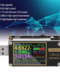 High Precision USB Voltmeter And Ammeter With Color LCD Screen displaying voltage, current, power details with USB connector.