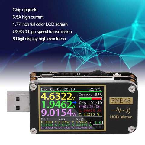 High Precision USB Voltmeter And Ammeter With Color LCD Screen displaying voltage, current, power details with USB connector.
