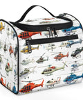 Aircraft Inspired Travel Toiletry Bag For Women And Men with colorful helicopter print and black zippers, large capacity.