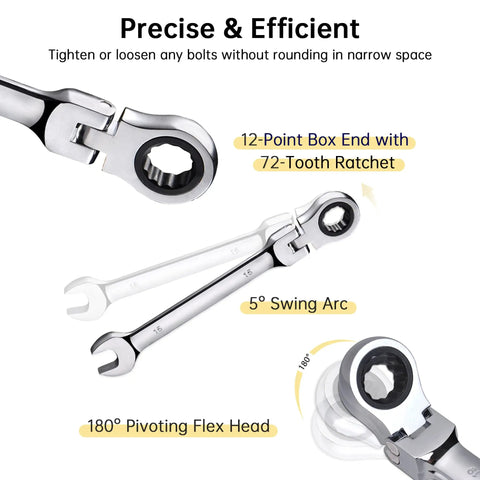 Flexible Ratchet Wrench Set 12 Piece 8 To 19mm Wrenches With Flex Head Gear Ring Chrome Vanadium Steel Durable Chrome Finish
