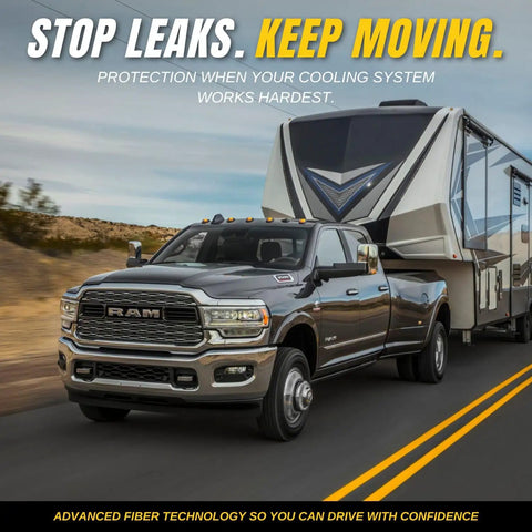Quick Fix Radiator Coolant Leak Sealer 12 Oz Instant Micro Fiber Formula in use with a truck towing an RV.