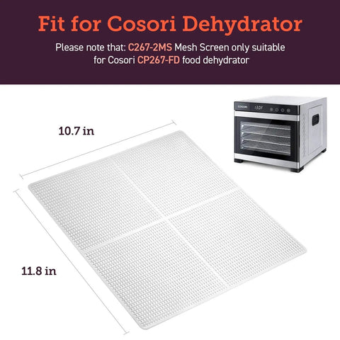 Fit for Cosori Dehydrator showing C267-2MS mesh screen size 10.7x11.8 inches for use with Cosori food dehydrator.