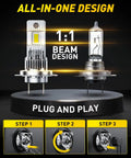 Side-by-side comparison of H7 LED headlight bulb and original lamp, showcasing plug-and-play installation steps for easy use.
