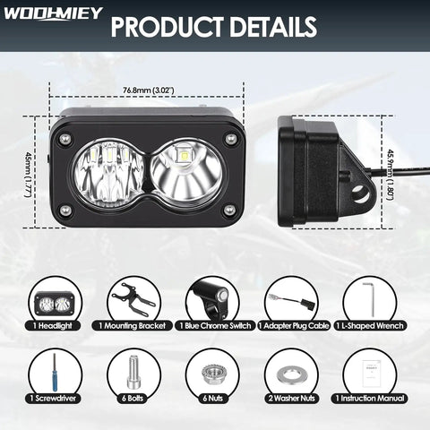 Dirt Bike Headlight Kit 10W LED Spotlight Flood Light With Plug And Play Harness And Switch, Bracket Mount For Quick Install, White