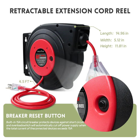 Beefy 45 Ft Retractable Extension Cord Reel with 12 AWG 3 Conductor SJTOW Heavy Duty Power Cable, detail view.