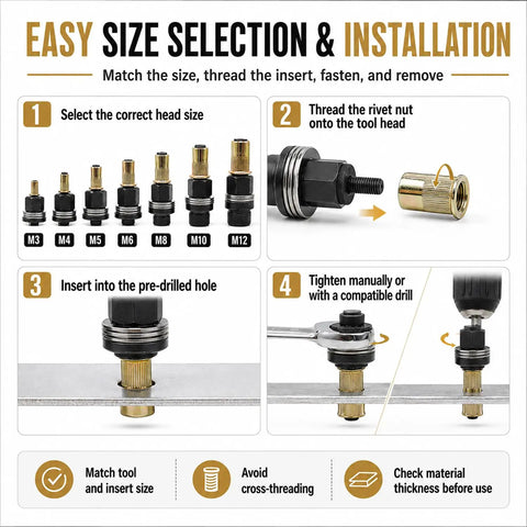 Rivet Nut Mandrel Head Set For Carbon Steel Tool Kit M3 To M12 With Threaded Inserts Pro Grade Heavy Duty Heads For Quick Installations And Precise Repairs For Professional Auto And Industrial Projects, size guide