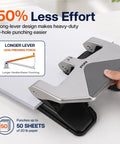 Heavy Duty Lever Action Paper Punch, 50 Sheet Capacity For Three Ring Binders in use, compact all-steel design, efficient hole punching.