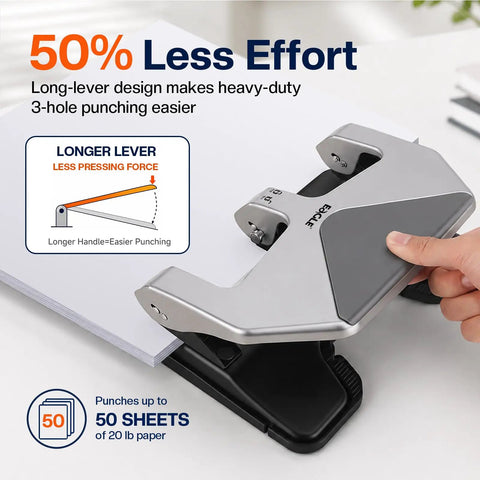 Heavy Duty Lever Action Paper Punch, 50 Sheet Capacity For Three Ring Binders in use, compact all-steel design, efficient hole punching.