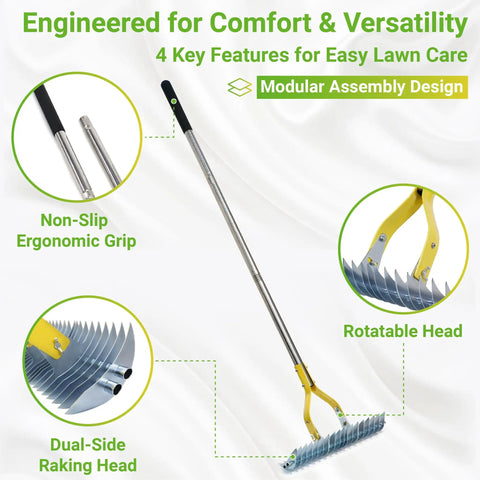 15 Inch Dethatching Rake For Lawn With Dual Edge Steel Head, Yard Workhorse Adjustable Metal Handle, Non Slip Sponge Grip