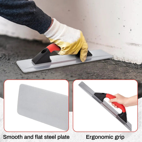 Using a tool from the 4 Piece Concrete Hand Tools Set With Magnesium Hand Float 16x3-1/8 to smooth a cement surface, ergonomic grip visible.