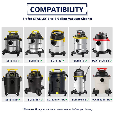 Compatibility chart for 15 Pack 5-8 Gallon Vacuum Bags For Wet Dry Vacs Fit Stanley SL18115 SL18116 SL18117 SL18158 And Porter-Cable models.