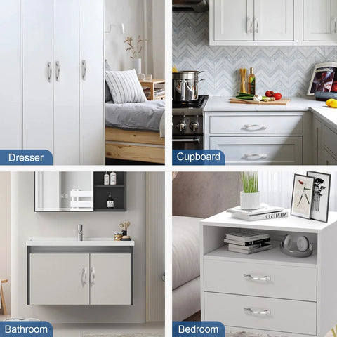Solid Zinc Alloy Drawer Knob And Pull Set In Satin Nickel Finish For Cabinets And Dressers in various home settings.