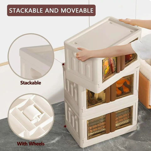 Hella Roomy 76 QT Storage Bins With Heavy Duty Snap Lid Covers, showing stackable collapsible crates with wheels.